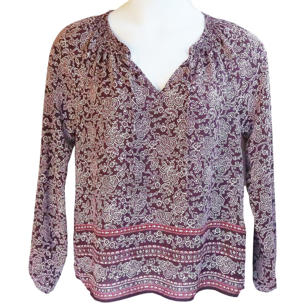 Gap Plum Smock Tie Blouse Womens Long Sleeve M 100% Polyester Paisley Print EUC